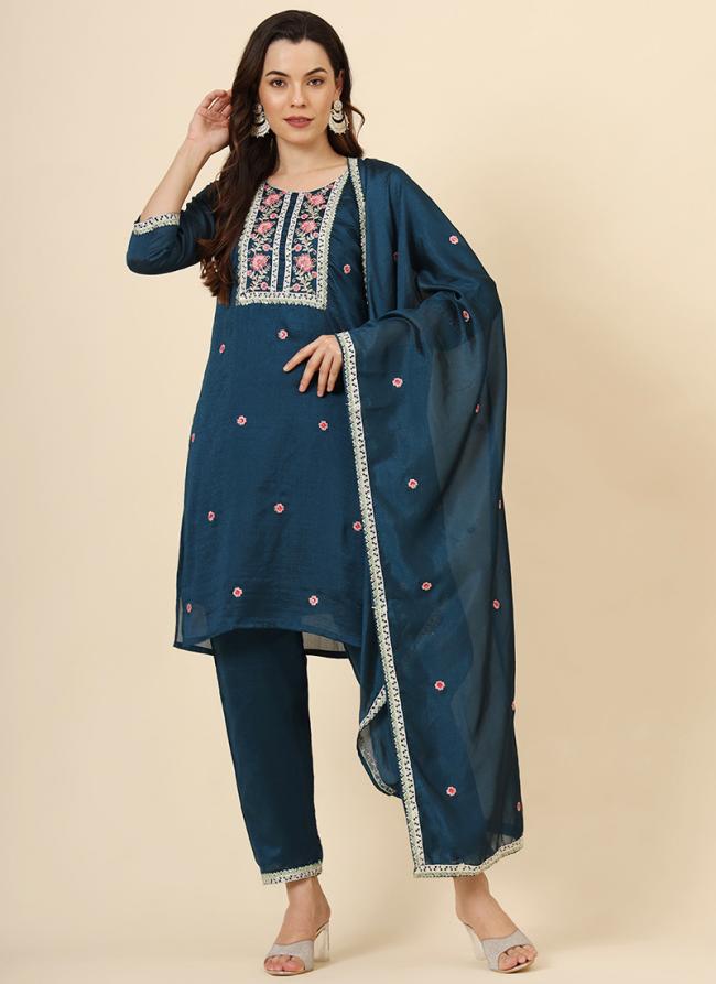 Vichitra Silk Aqua Blue Festival Wear Embroidery Work Readymade Kurti Set